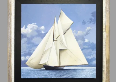 Voilier ancien toutes voiles dehors, caisse américaine noire et marie-louise noire cadre beige et argenté