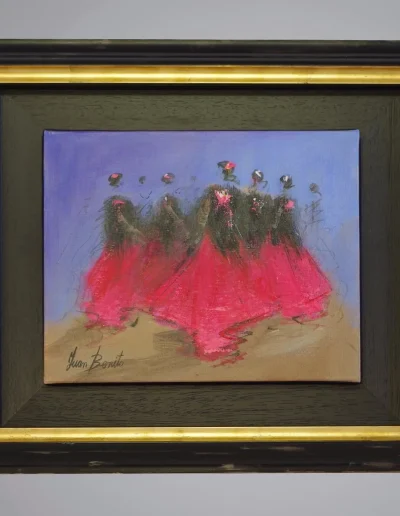 Peinture de danseuses en robes roses dans une caisse américaine noire et dorée