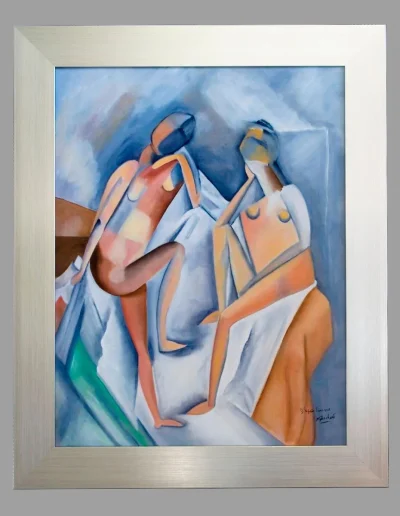 Peinture de figures féminines aux formes cubistes, présentée dans cadre effet aluminium à large profil
