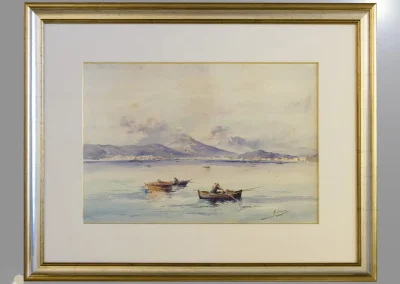 Aquarelle ancienne représentant des barques de pêche, sous verre avec marie-louise et cadre doré