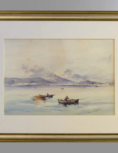 Aquarelle ancienne représentant des barques de pêche, sous verre avec marie-louise et cadre doré