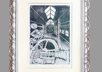 Gravure en noir et blanc sous verre, cadre baroque argenté à moulure sculptée