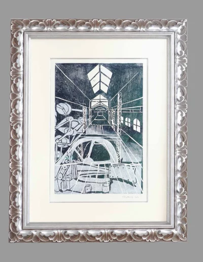 Gravure en noir et blanc sous verre, cadre baroque argenté à moulure sculptée