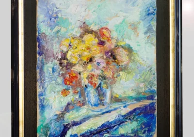 Bouquet de fleurs peint à l'huile dans un encadrement américain noir et doré