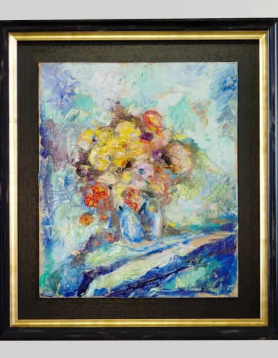 Bouquet de fleurs peint à l'huile dans un encadrement américain noir et doré