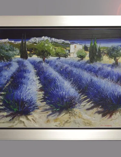 Champ de lavande provençal en cadre plat argenté avec liseré noir et argent