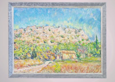 Village provençal peint par touches colorées, cadre argenté patiné