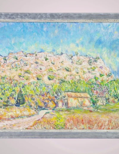 Village provençal peint par touches colorées, cadre argenté patiné